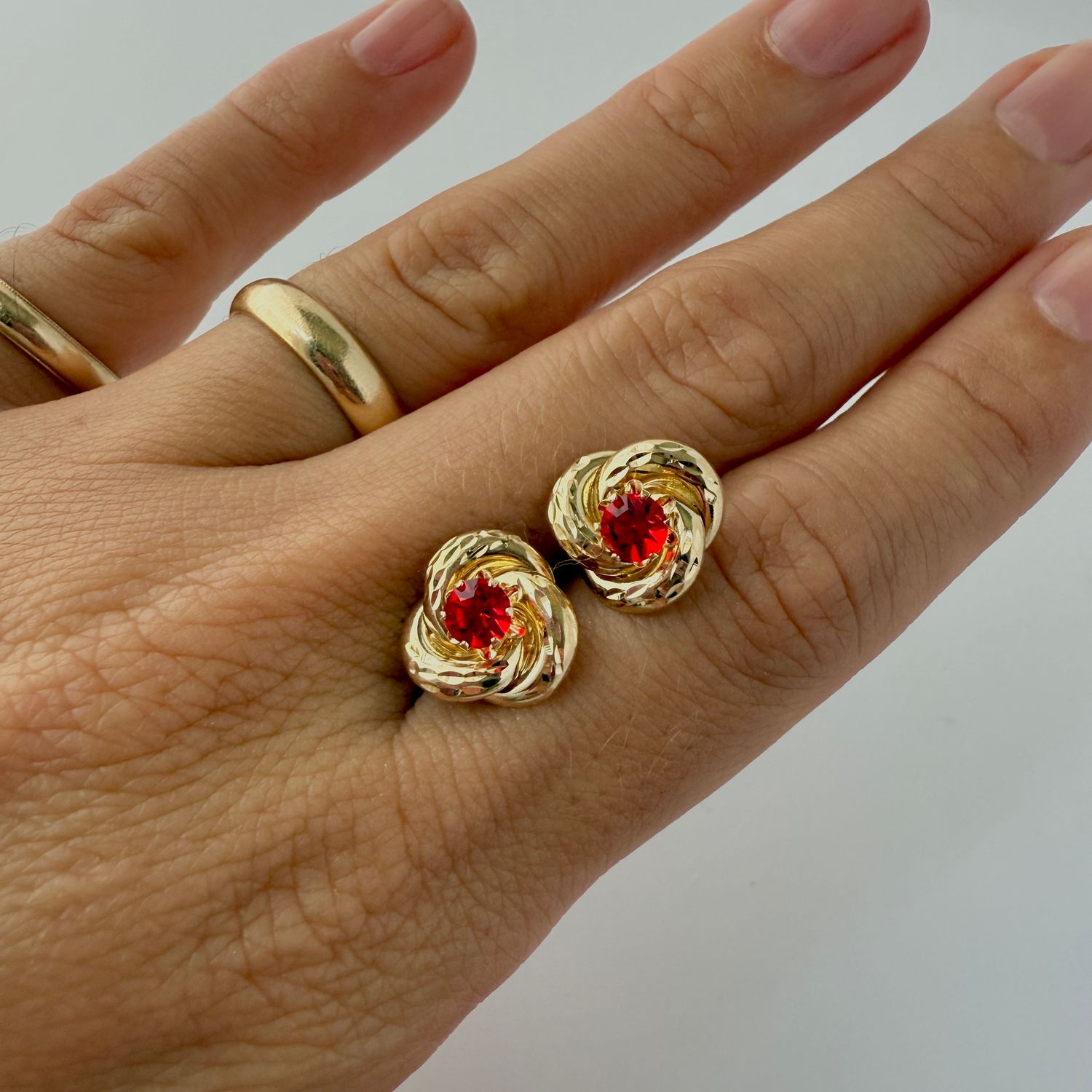 The Apollo: 14K Yellow Gold Swirl Knot and Ruby Red Glass Convertible Stud Earrings