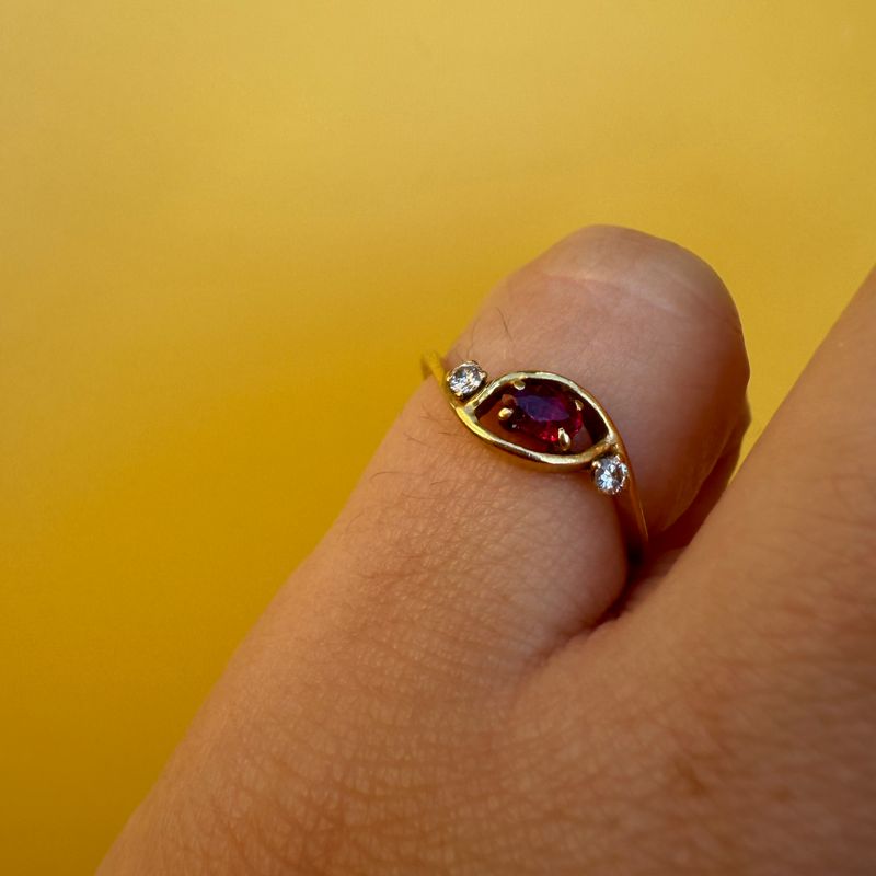 The Velma: 18K Yellow Gold, Marquise-Cut Ruby 0.2CT, and Round-Cut Diamond 0.10CTW Ring, Size 5.25