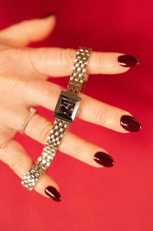 The Patricia: Gucci G-Frame 128.5 Stainless Steel with Square Black Dial