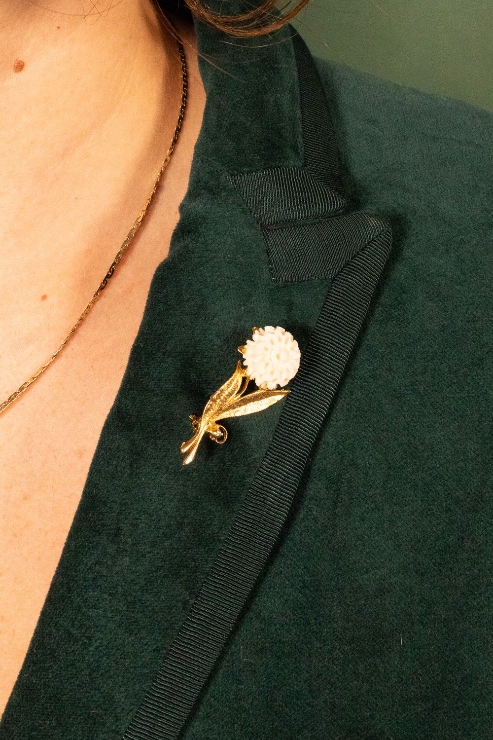 The Meadow: Gold-Toned &amp; White Carved Celluloid Chrysanthemum Floral Brooch