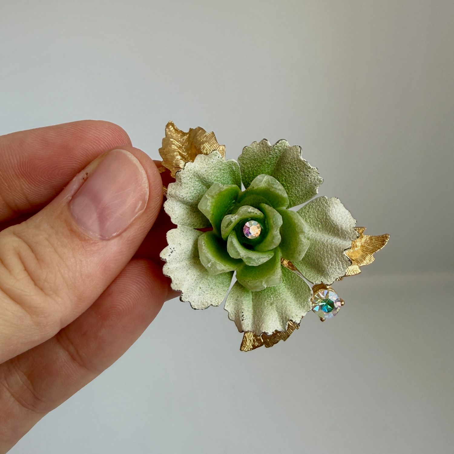 The Rose: Light Green Rose and Rhinestone Brooch