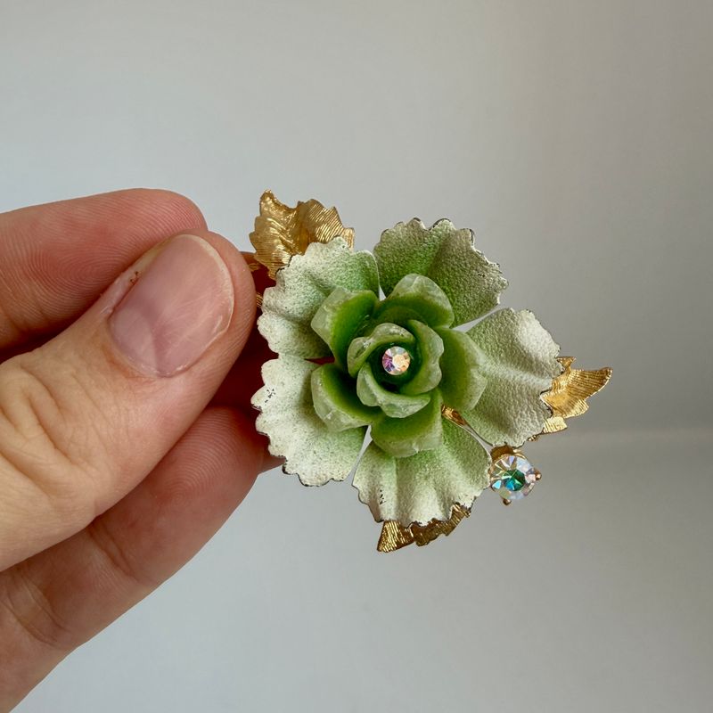 The Rose: Light Green Rose and Rhinestone Brooch
