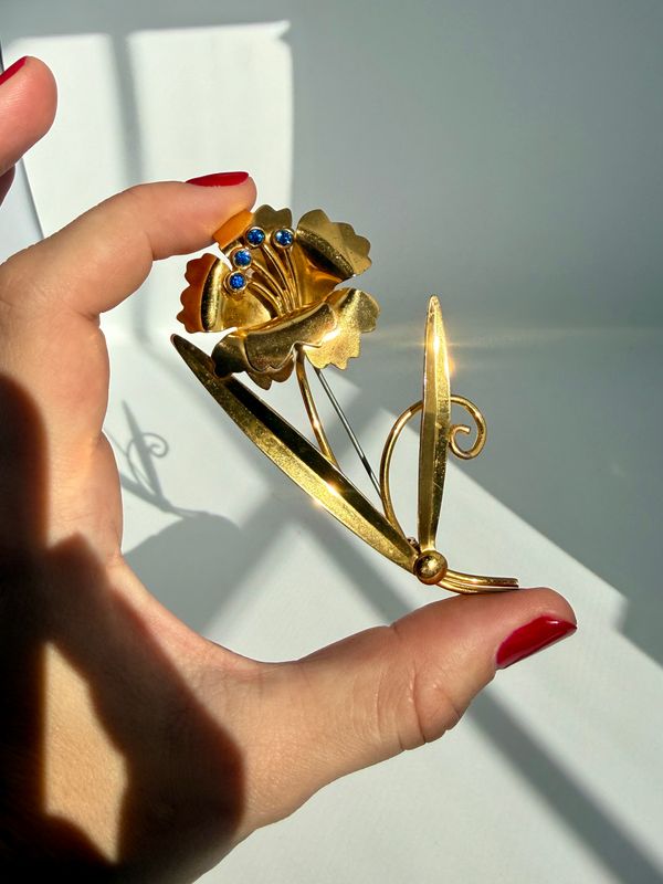 The Dahlia: Sterling Silver Gold-Plated Blue Rhinestone Floral Brooch