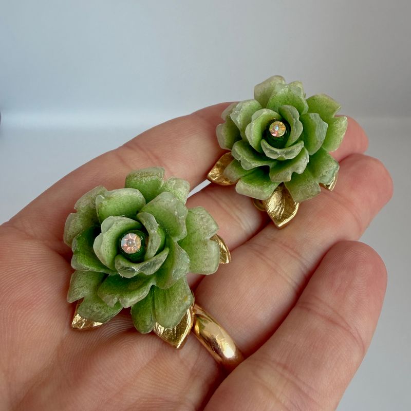 The Romy: Light Green Rose and Rhinestone Clip-On Earrings