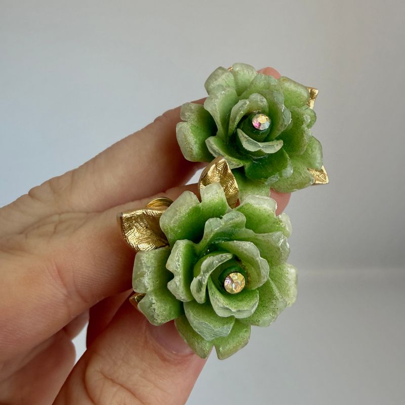 The Romy: Light Green Rose and Rhinestone Clip-On Earrings