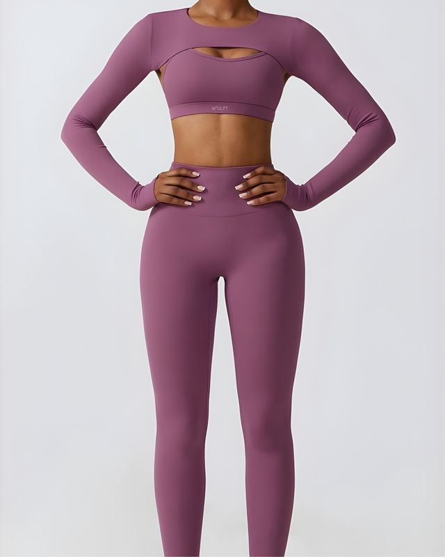 Set "Zaya" Purple - Sports Bra, Crop Top &amp; Leggings