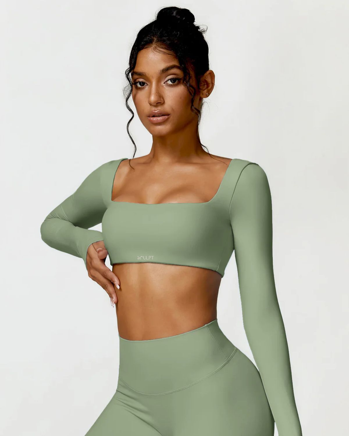 Set &quot;Kaya&quot; Green - Long leggings and long sleeve crop top