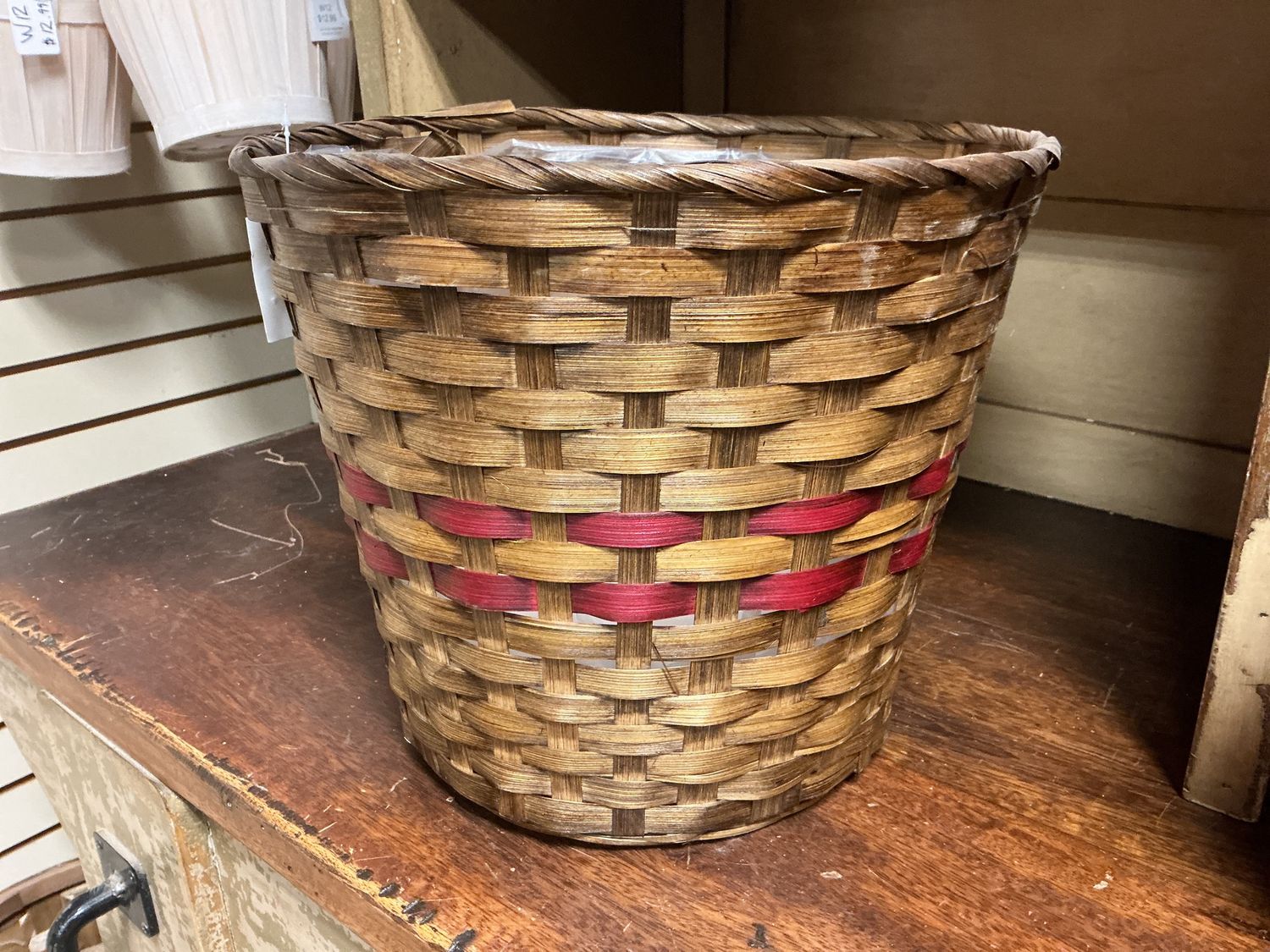 Brown Bucket Basket (med. red stripe) Wicker