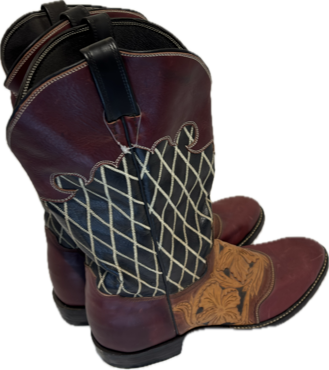 Diamond Stitched Black tops with Natural Tooled Vamp and Maroon Toe Boot, Size: 12 D