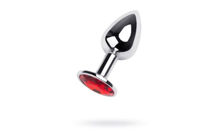 Silver Metal Anal Plug w Red Ruby Gem Small