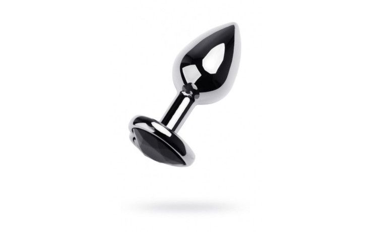 Silver Metal Anal Plug w Black Tourmaline Heart Gem Small