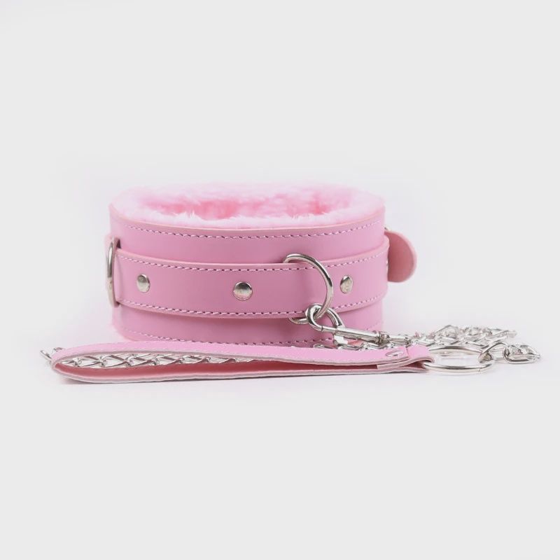 Fluffy Leather Collar &amp; Lead, Colour: Pink