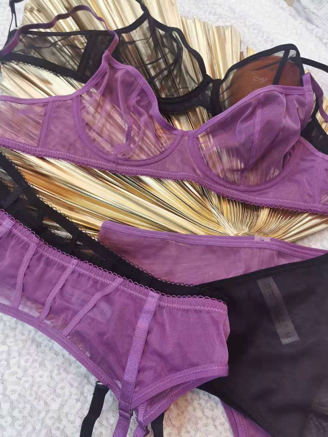 Mesh Bra &amp; G-String Set, Colour: Purple, Size: Size 10/12