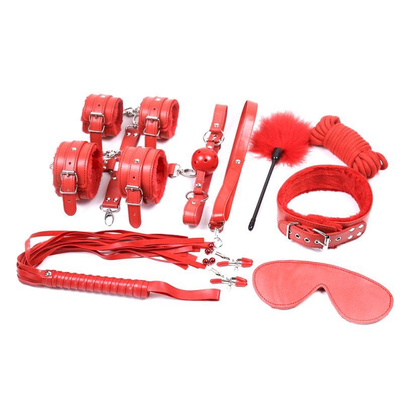 Hogtie Fur Lined Body Restraints Kit - 10 Pcs, Colour: Red