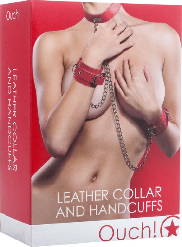Leather Collar &amp; Handcuffs, Colour: Red