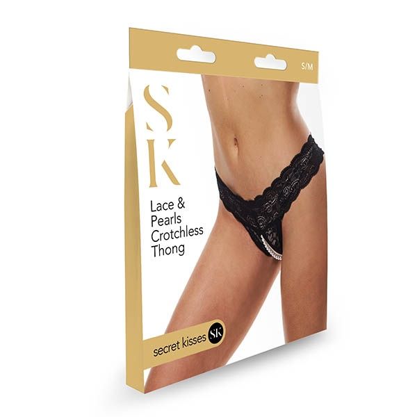 Secret Kisses Lace &amp; Pearls Crotchless Thong