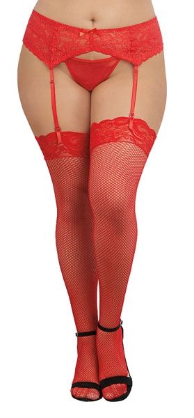 Fishnet thigh high stockings with lace top - QUEEN