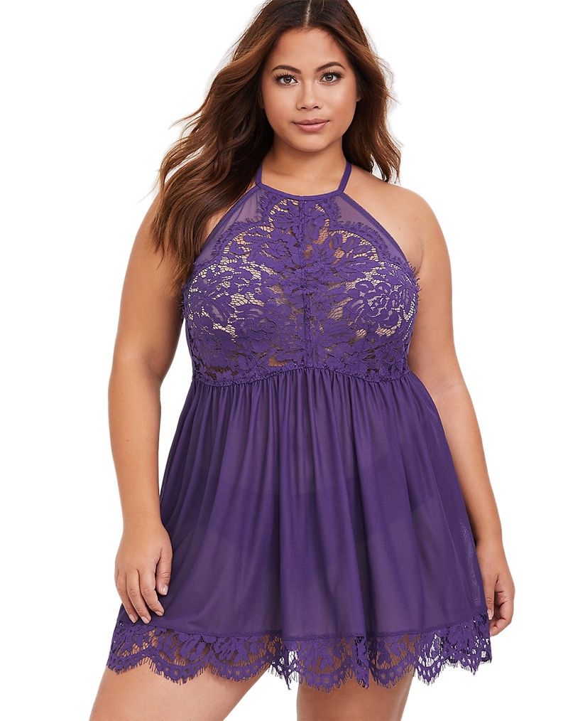 High Neck Lace Babydoll Plus Size, Colour: Purple, Size: 18