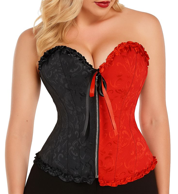 Gothic Brocade Corset Black &amp; Red w Zipper