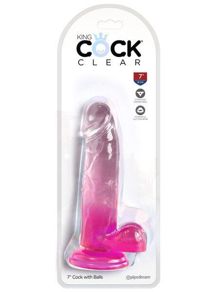 King Cock Clear 7 in. with balls, Colour: Pink