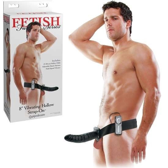 8'' Vibrating Hollow Strap-On, Colour: Black