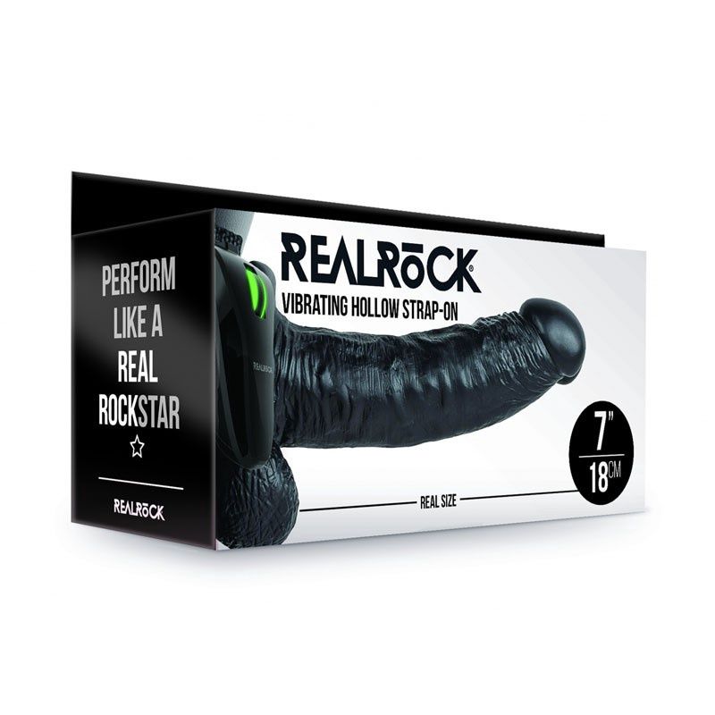 RealRock Vibrating Hollow Strap-On + Balls - 18cm Black