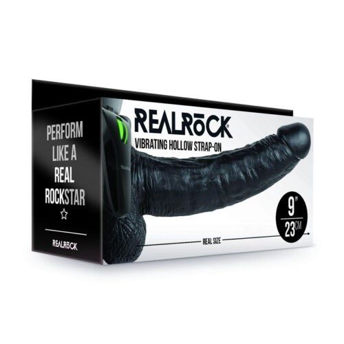 RealRock Vibrating Hollow Strap-On + Balls - 23cm Black