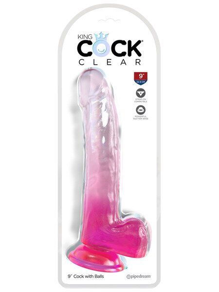 King Cock Clear 9" With Balls, Colour: Pink