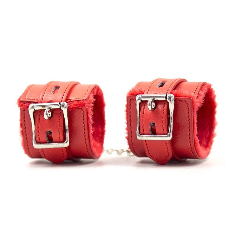 Premium Fur Lined Cuffs, Colour: Red, Style: Wrist