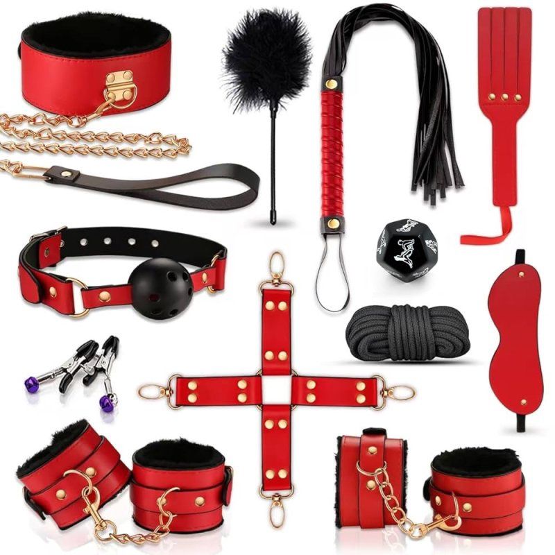 Quality Leather Sex Bondage 12 Piece Set, Colour: Red
