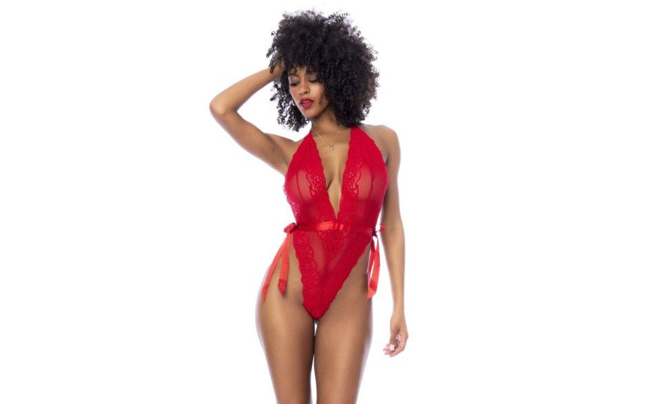 Red Lace Bodysuit With Side Ties, Size: S/M