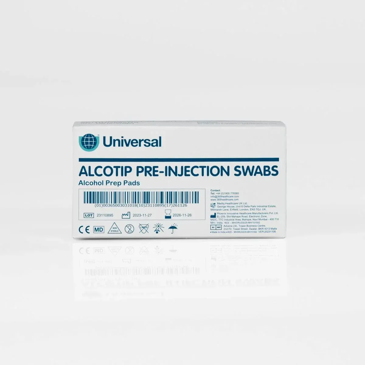 Alcotip Pre-Injection Skin Cleansing Swabs | 70% Isopropyl Alcohol Prep Pads | Box of 100