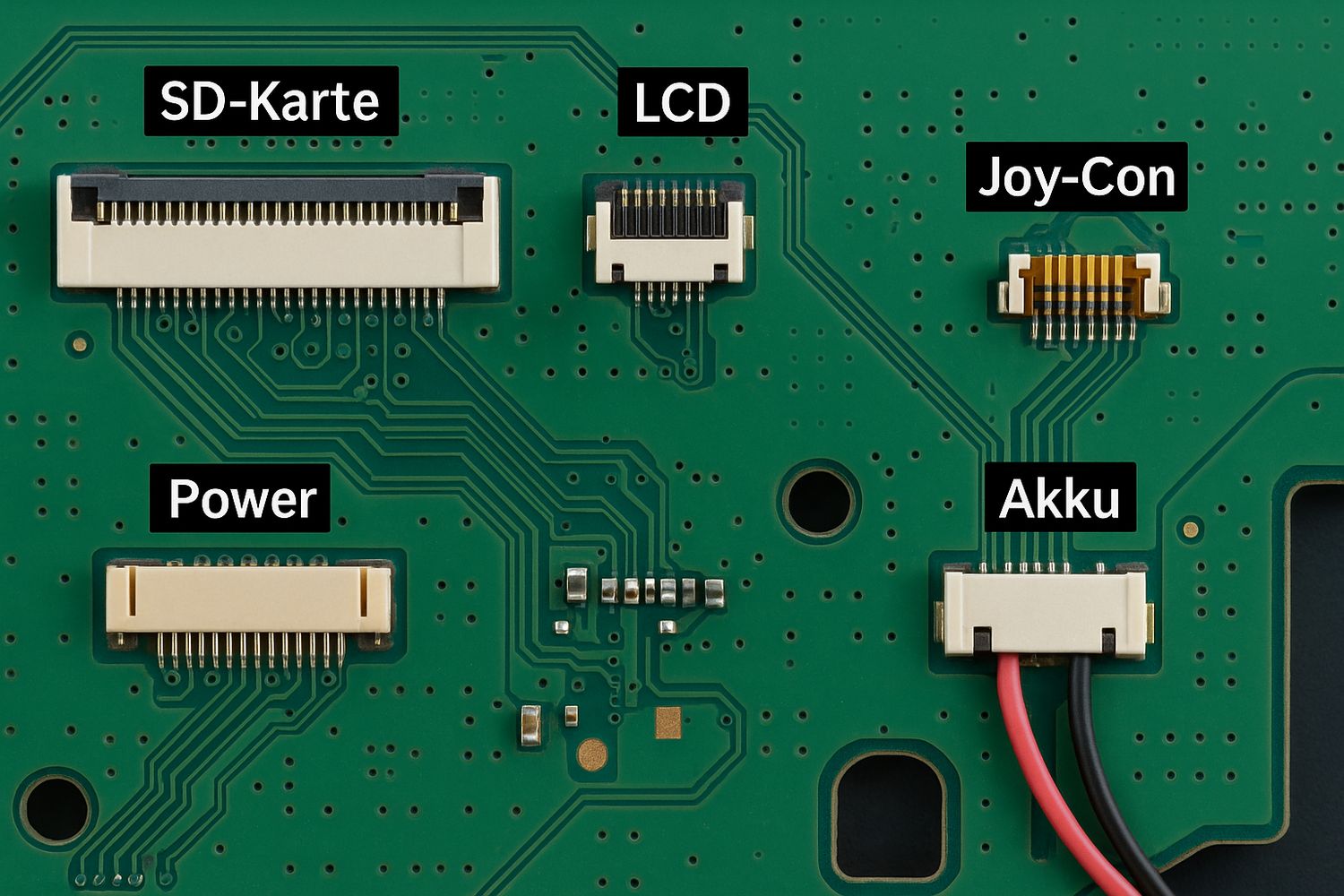 Connectoren: Akku, LCD, SD, JoyCon, Lüfter, Power