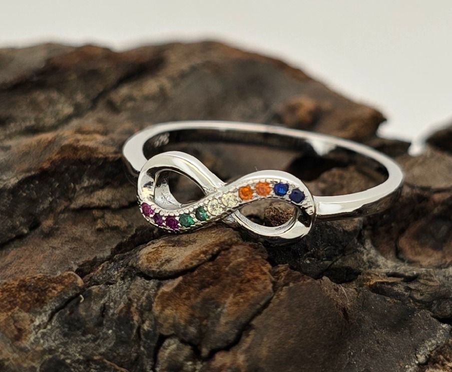 Rainbow Infinity Ring – Sterling Silver Multi-Color CZ Eternity Band