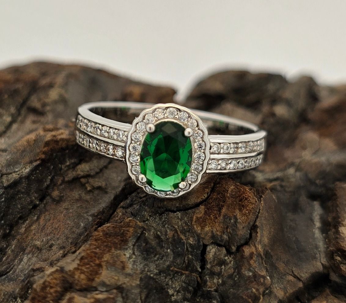 Emerald Halo Ring – Sterling Silver Green CZ Center with CZ Halo &amp; Shoulder Accents