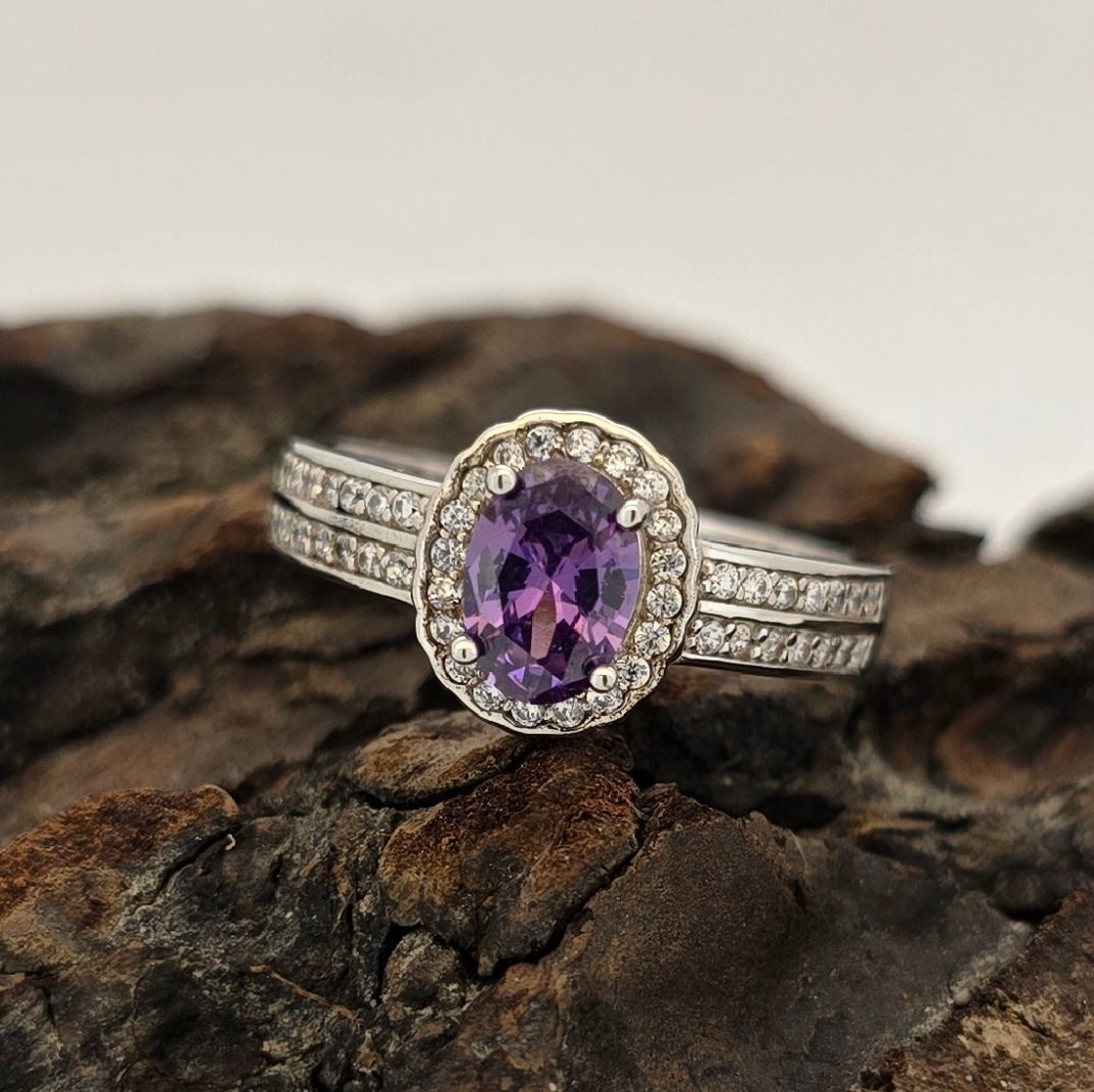 Royal Amethyst Halo Ring – Sterling Silver Purple CZ with CZ Halo &amp; Shoulder Accents