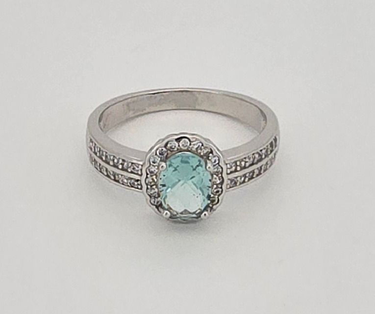 Azure Dream Halo Ring – Sterling Silver Light Blue CZ with CZ Halo &amp; Shoulder Accents