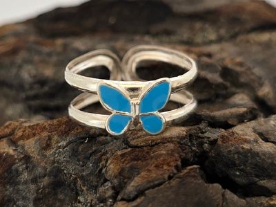 Delicate Blue Butterfly Toe Ring – Silver Wire Band with Enamel Detail