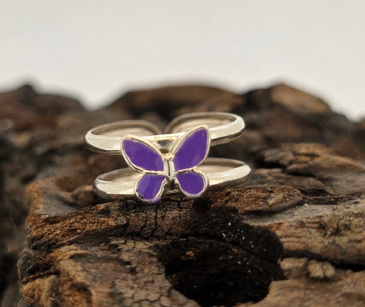 Lavender Butterfly Toe Ring – Dainty Sterling Silver with Purple Enamel Charm