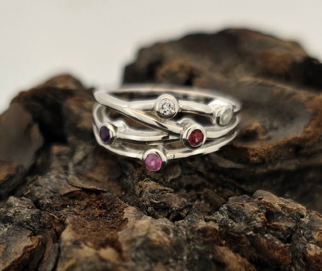 Rainbow Harmony Ring – Sterling Silver Multi-Gemstone Crossover Band