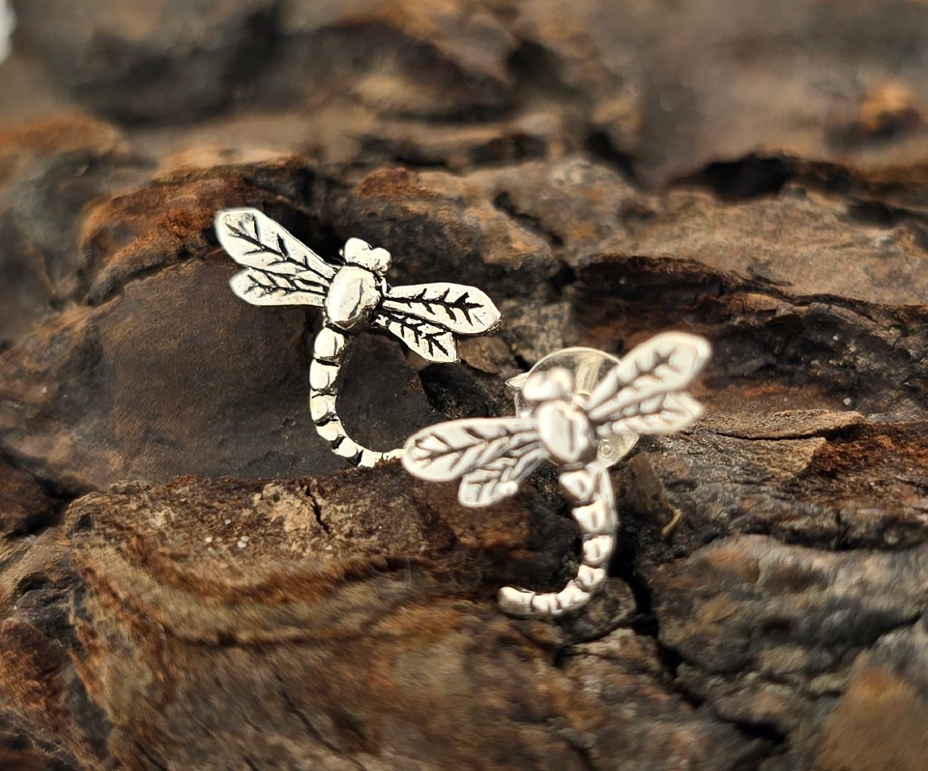 Midnight Dragonfly Studs – Oxidized Sterling Silver Delicate Insect Earrings
