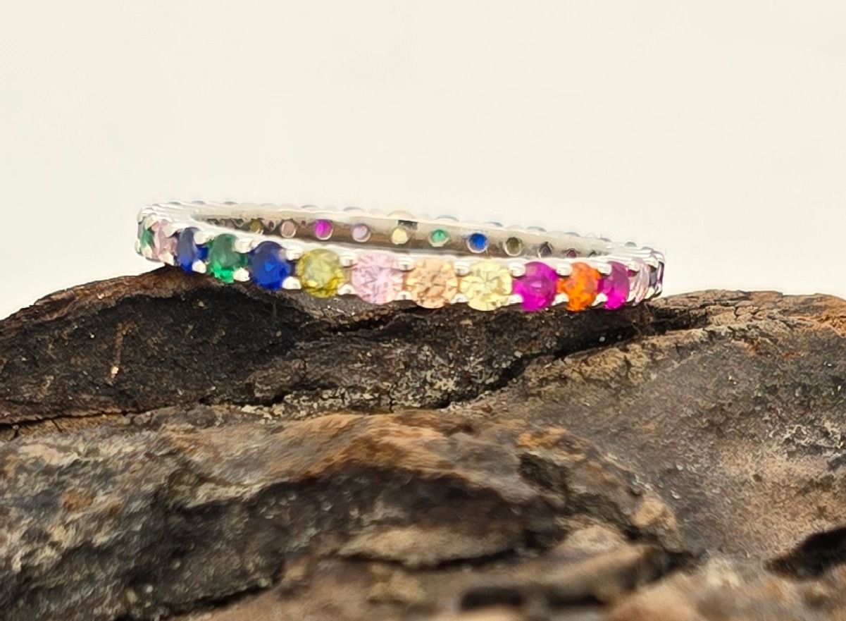 Rainbow Eternity Ring – Sterling Silver Multi-Color Gemstone Band