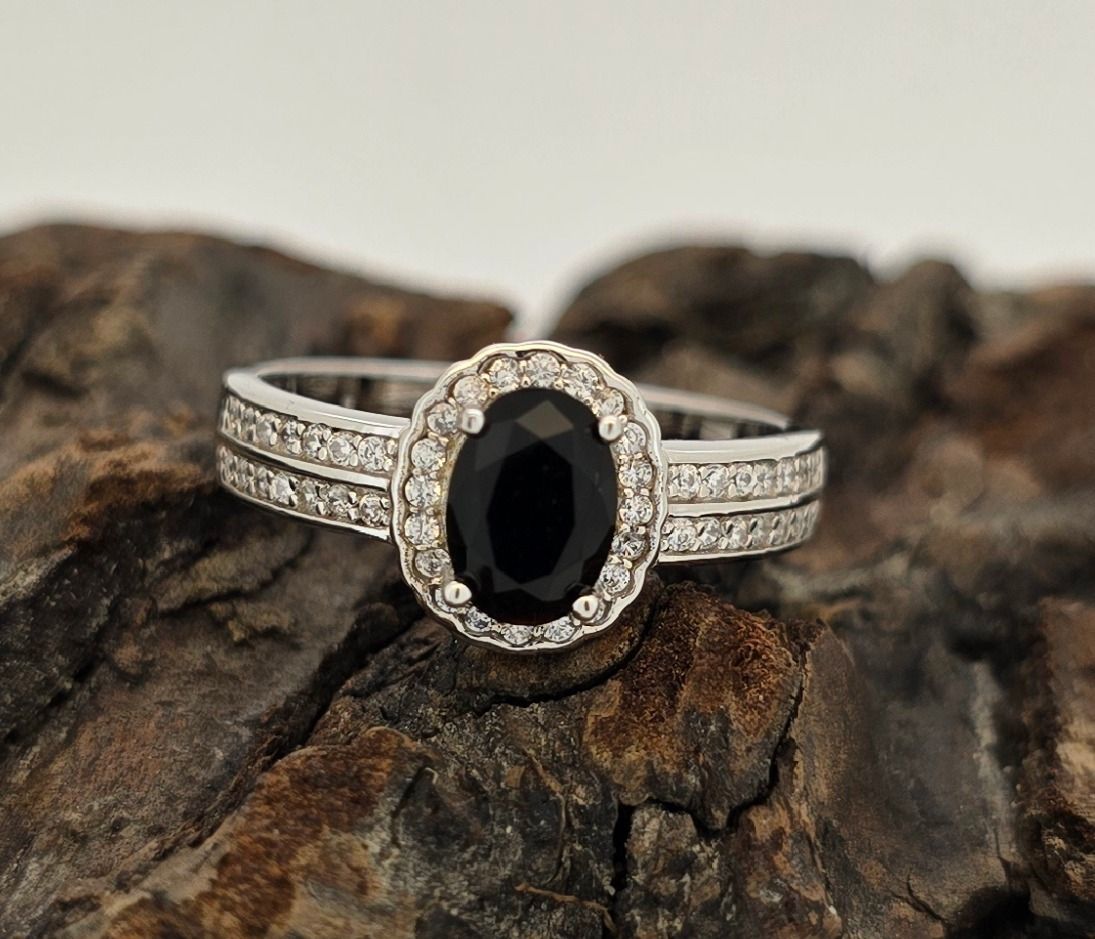 Midnight Halo Ring – Sterling Silver Black CZ Center with Diamond Halo &amp; Shoulder Accents