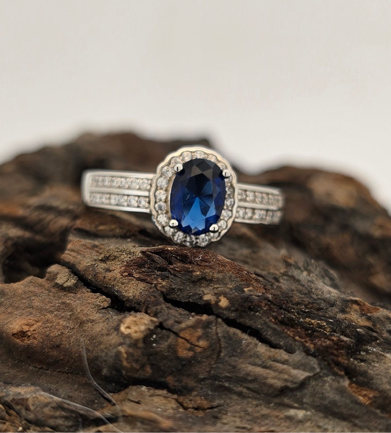 Midnight Ocean Halo Ring – Sterling Silver Dark Blue CZ with CZ Halo &amp; Double Row Shoulder