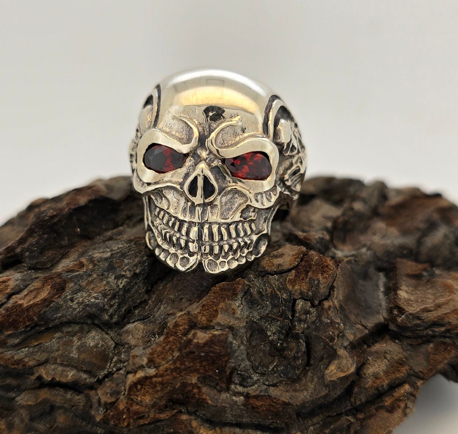Gothic Skull Ring – Oxidized Sterling Silver with Red CZ Eyes &amp; Skeletal Detailing