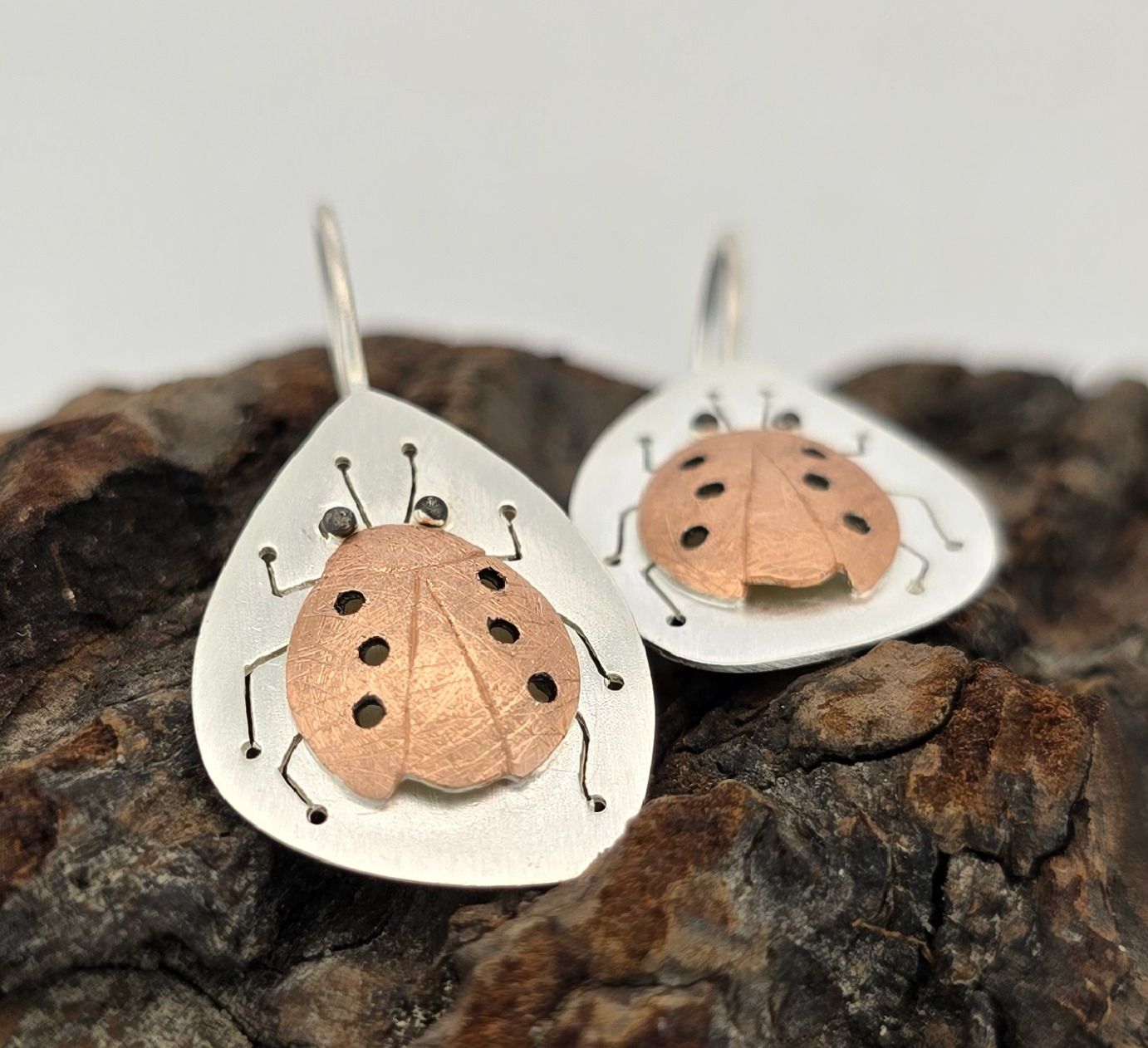 Ladybird Bloom Earrings – Sterling Silver Discs with Rose Gold Ladybug &amp; Marcasite Accents