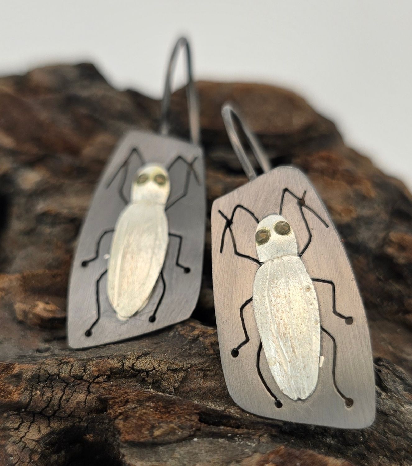 Black Beetle Elegance Earrings – Sterling Silver Rectangular Discs with Black Rhodium Plated Be