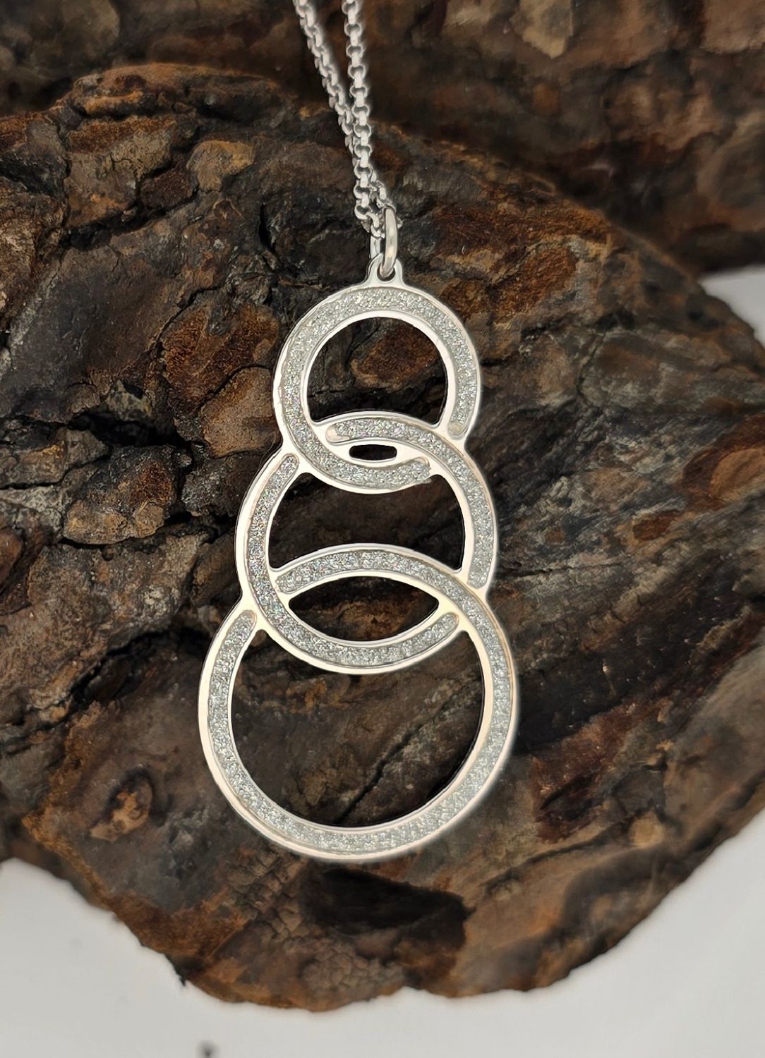 Trinity Drop Pendant Necklace – Rhodium-Plated Sterling Silver Triple Ring Design (45cm Chain)