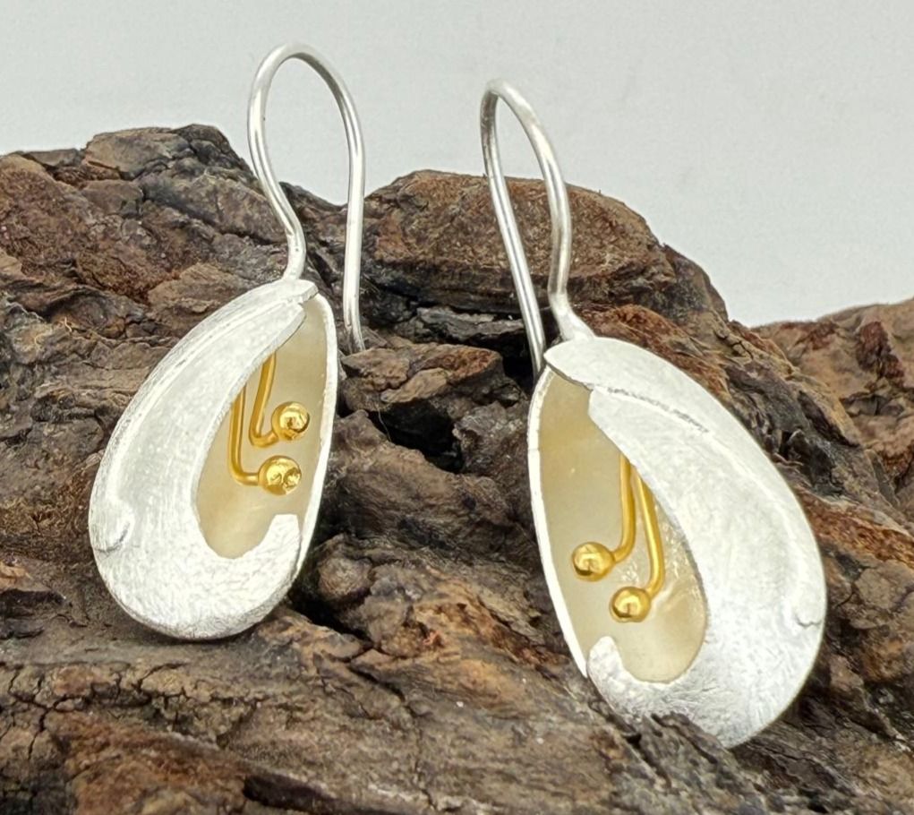 Golden Stamen Pod Earrings – Sterling Silver &amp; Gold-Plated Botanical Hook Dangles
