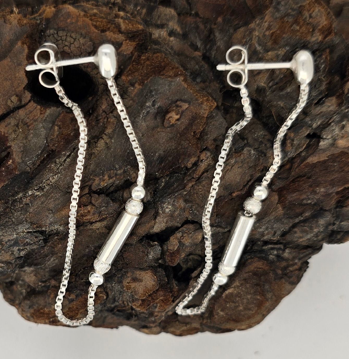 Silver Cascade Earrings – Sterling Silver Stud Chain Drop with Tube &amp; Ball Accents (55mm)